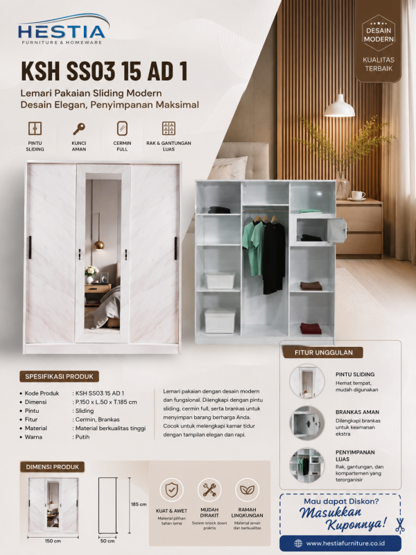Lemari Sliding Plat Besi 3 Pintu (KSH SS03 15 AD 1)