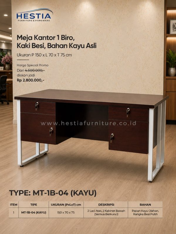 mebel pekanbaru Meja Kantor 1 Biro, Kaki Besi, Bahan Kayu Asli